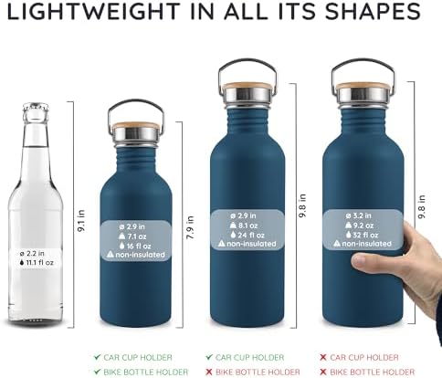 Bambaw Non-insulated Water Bottle 32oz, Blue Water Bottle with Handle, Stainless Steel Single Wall Water Bottle Dishwasher Safe, 1 Liter Water Bottles Reusable, Large Water Bottle – Aegean Blue