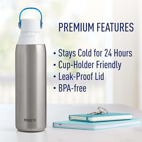 Brita Stainless Steel Premium Filtering Water Bottle, BPA-Free, Reusable, Insulated, Replaces 300 Plastic Water Bottles, Filter Lasts 2 Months or 40 Gallons, Includes 1 Filter, Stainless - 20 oz.