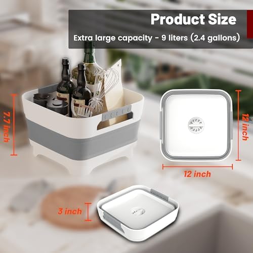 2.4 Gal Collapsbile Wash Basin with Drian Plug,9L Dish Pan for Soaking Baby Bottles,Portable Sink, Multiuse Foldable Bucket,Ice Beverage Tubs for Camping, Vegetable Washing, RV (Gray)