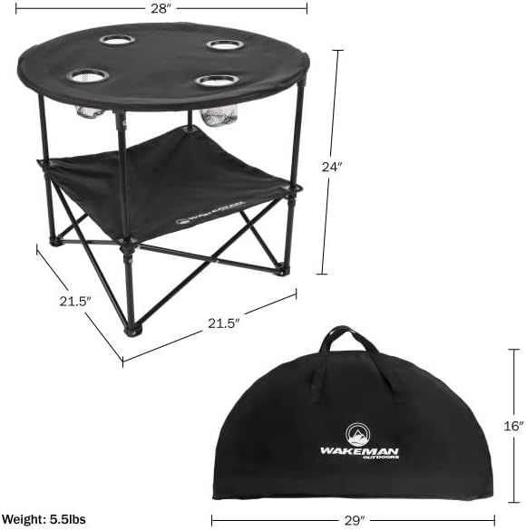 Wakeman Camping Table - 2-Tier Folding Table with 4 Cupholders and Carry Bag for Picnic, Tailgate, Beach, or Camp - Camping Gear Outdoors (Black)