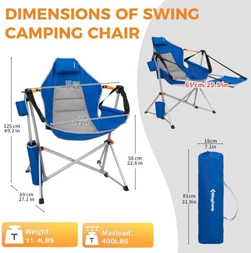 KingCamp Hammock Chair with Footrest, Swinging Portable Folding Camping Chairs for Adults 400lbs Heavy Duty Foldable Oversized Rocker with Cup Holder Pillow for Outdoor Beach Patio Sport Lawn