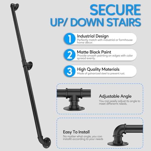 Pipe Stair Handrail, 4 Ft Metal Staircase Handrail, Black Galvanized Industrial Iron Hand Rail for Indoor & Outdoor Wall Mount Support, Wall Hand Railing,Safety Handle, Steps Baluster(HR02)