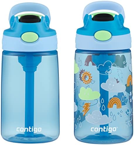 Contigo Kids Water Bottle with Redesigned AUTOSPOUT Straw, 14oz., 2 Pack, Blue Poppy and Periwinkle & Blue Poppy with Periwinkle and Into the Clouds