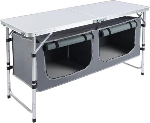 Camping Table, Folding Camping Table with Storage, Portable Kitchen Table, Lightweight, 3 Heights Adjustable Camping Furniture for BBQ, Picnic, Camping, Hiking, Beach, and Indoor