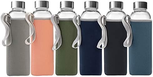 Epica 18oz Glass Water Bottles, Reusable Glass Juice Bottles with Lids, Set of 6 with Sleeves, Gym, Office