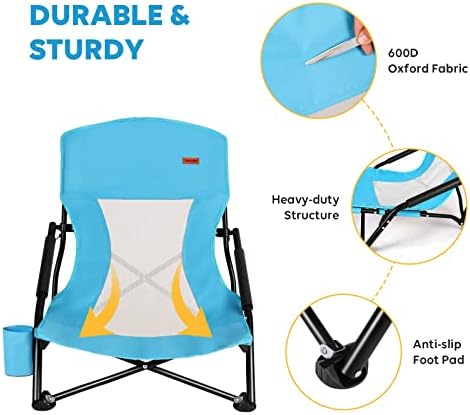 TOBTOS Low Beach Chair, Beach Chairs for Adults 2 Pack, Low Profile Folding with Cup Holder & Carry Bag, Heavy Duty Chair for Outdoor Sand, Camping, Concert, Travel