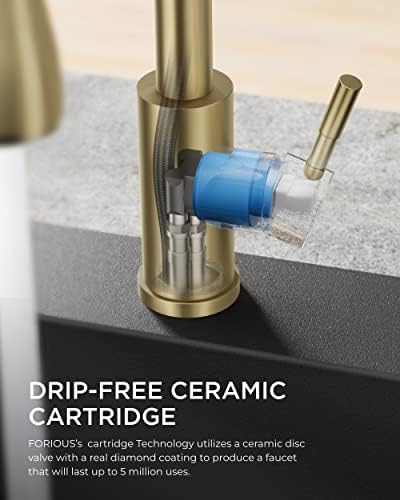 FORIOUS Gold Kitchen Faucet with Soap Dispenser and Pull Down Sprayer, High Arc Single Handle Classic 3 Modes Stainless Steel Faucet for Kitchen Sink Farmhouse RV Bar Laundry Camper