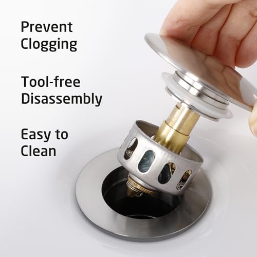 KES All Metal Bathroom Sink Drain with Strainer Basket Hair Catcher Anti Clog Pop Up Drain Stopper for Vanity Vessel Sink with Overflow, Rustproof 18/8 Stainless Steel Brushed Nickel S2013A-BN