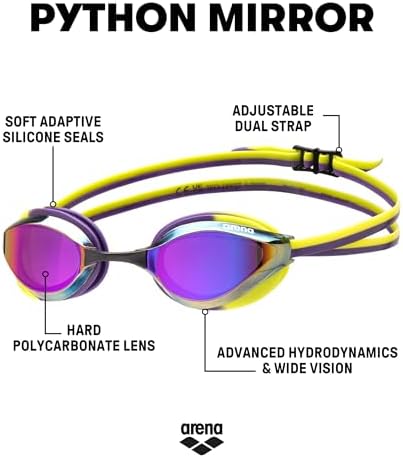 ARENA Unisex Python Racing Swim Goggles for Men and Women Anti-Fog No Leak Max Comfort Dual Strap, Mirror/Non-Mirror Lens