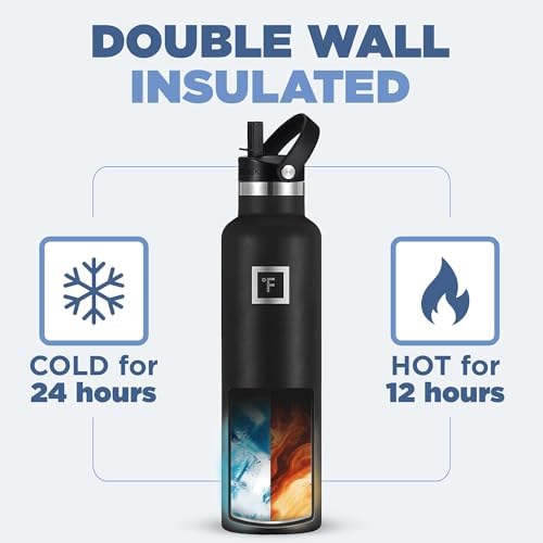 IRON °FLASK Camping & Hiking Hydration Canteens - 3 Lids (Narrow Straw Lid) Leak Proof Vacuum Insulated Stainless Steel - Hot & Cold Double Walled Sports Water Bottle - Day & Night, 24 Oz