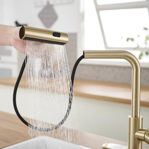 Gold Kitchen Faucets with Pull Down Sprayer,Waterfall Kitchen Sink Faucet,Commercial Utility Stainless Steel Kitchen Faucets,Single Handle Kitchen Sink Faucet with Pull Down Sprayer for 3 Function