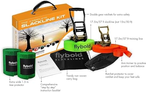 flybold Slackline Kit for Kids and Adults - 57 ft Balance Rope with Training Line, Tree Protectors, Arm Trainer, Ratchet Cover, and Carry Bag - Ideal for Tightrope Walking and Slackline Zipline