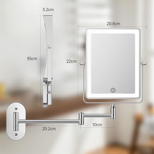FASCINATE Rechargeable Wall Mounted Makeup Mirror, Bathroom Mirror Rectangle 8.7 Inch Double Sided 1X 10X Magnifying, 3 Color Setting, Extended Arm 360° Swivel Foldable Chrome