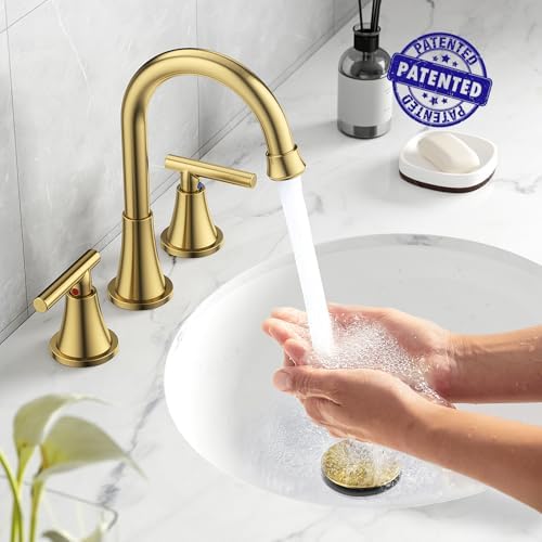 Bathroom Faucets for Sink 3 Hole, Hurran Brushed Gold Bathroom Sink Faucet with Pop-up Drain and Supply Lines, Stainless Steel Lead-Free Widespread Faucet for Vanity RV Farmhouse Sink