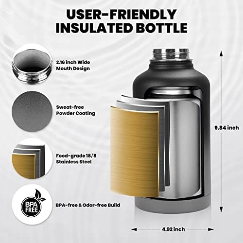 Insulated Water Bottle 64 oz, Triple Wall Vacuum Stainless Steel (Cold for 48 Hrs), Leak Proof & Non-BPA, Half Gallon Water Flask Jug with Paracord Handle & Straw Spout Lids, Dark Gray