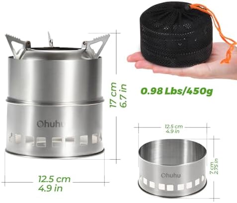 Camping Stove, Ohuhu Camp Stove Wood Burning Stove Stainless Steel Stoves Mini Portable Stove for Camping Picnic BBQ Backpacking Hiking Survival Emergency Cooking Outdoor with Grill Grid Carry Bag
