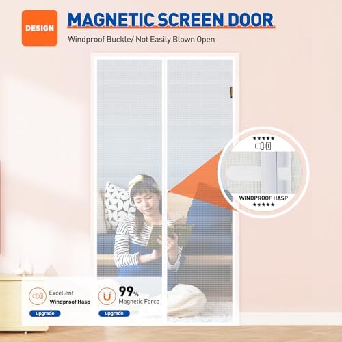 MAGZO Magnetic Screen Door Fit Door Size 38 x 96 Inch, Screen Size 40" x 97" Strong Magnet Door Mesh with Reinforced Hook & Loop for Patio, Sliding, French, White