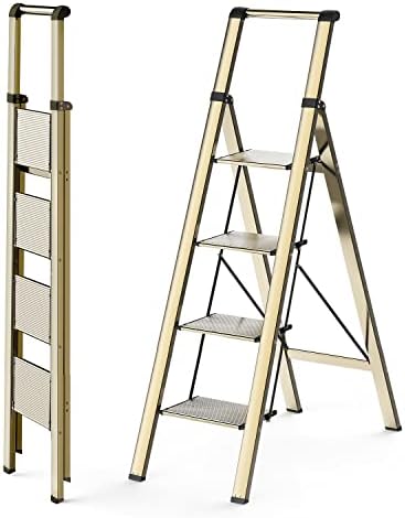 WOA WOA 4 Step Ladder, Ladders for Home, Anti-Slip Pedals, Aluminum Step Stool Foldable, Lightweight to Move, Ease of Storage, Reach 9ft for Closet Kitchen Library, Hold 300lbs - Gold