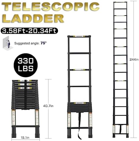 RIKADE Telescoping Ladder 20.3FT & Attic Ladder, Heavy Duty Aluminum with Non-Slip Feet, 330lb Capacity for RV, Attic, Roof & Multi-Surface Use