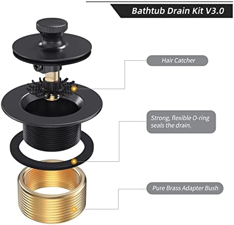 Matte Black Tub Drain and Overflow Kit, Replacement Bath Tub Drain Trim Set,Lift & Turn Bathtub Drain Kit with 2-Hole Overflow Faceplate Conversion Kit Assembly Fine/Coarse Thread