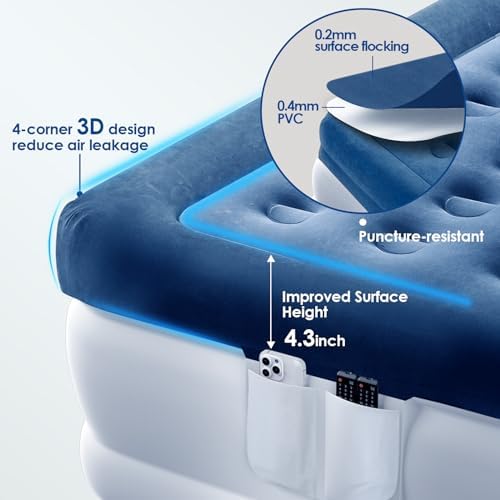 MoKo Air Mattress Queen with Built in Pump, 18'' Luxury Inflatable Mattress, 3 Min Fast Blow up Mattress with Dual-Chamber, Comfort Top - Velvety Air Bed for Home, Camping, Travel, Guests, White/Blue