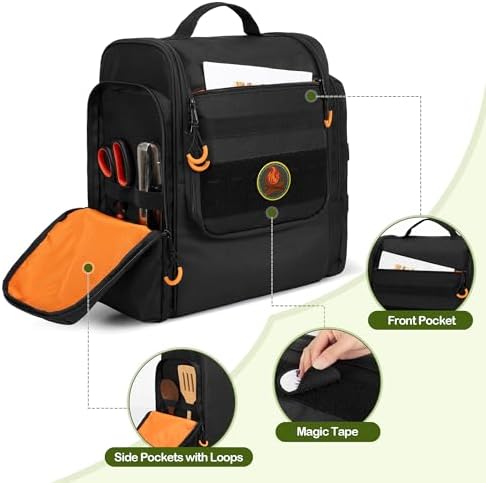 Large Tactical Camping Kitchen Organizer, Hanging Cookware Storage Bag with Paper Towel Holder & Multi Pockets, Portable Camp Utensil Organizer for BBQ Cooking Essentials, Black, Bag Only