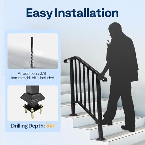 VIVOHOME 2-Pack Wrought Iron Hand Rails for Outdoor Steps β 27.1" Curved Ends and Safety Balusters Exterior Railing Kit for Porch, Deck, or Indoor Stairs (3-Step, Black)