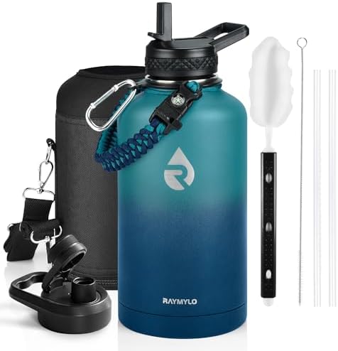 Insulated Water Bottle 64 oz, Triple Wall Vacuum Stainless Steel (Cold for 48 Hrs), Leak Proof & Non-BPA, Half Gallon Water Flask Jug with Paracord Handle & Straw Spout Lids, Cyan Blue
