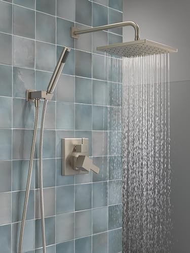 Delta Faucet Modern Raincan 2-Setting Shower Square System Including Rain Shower Head and Handheld Spray Brushed Nickel, Rainfall Shower System Brushed Nickel, Spotshield Stainless 342701-SP