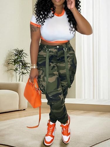 Camo Cargo Pants for Women - Army Fatigue High Waisted Stretchy Camouflage Cargo Pants with Pockets