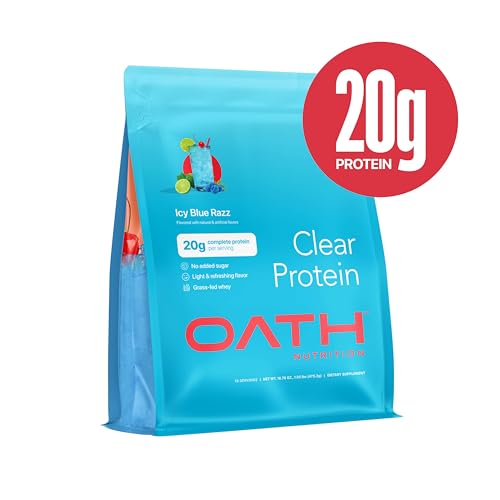 Oath Nutrition Clear Whey Isolate Protein Powder, ICY Blue Razz, 20g Complete Protein per Serving, No Added Sugar, Grass-Fed, 18 Servings