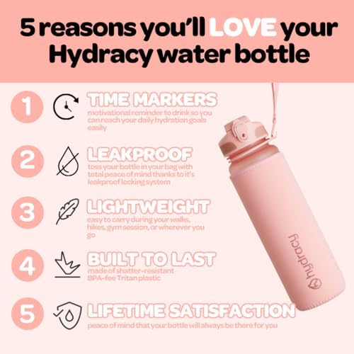 Hydracy Water Bottle with Time Marker -Large BPA Free Water Bottle & No Sweat Sleeve -Leak Proof Gym Bottle with Fruit Infuser Strainer & Times to Drink -Ideal for Fitness Sports & Outdoors