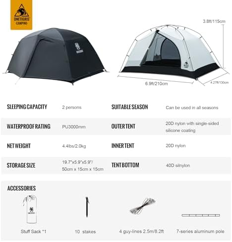 OneTigris Stella 4 Season Camping Tent Backpacking 2 Person Waterproof Lightweight Easy Setup Instant 3000mm Waterproof Rating Outdoor Hiking Tent