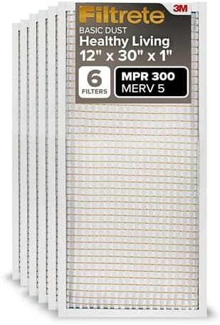 Filtrete 12x30x1 Air Filter, MPR 300, MERV 5, Clean Living Basic Dust 3-Month Pleated 1-Inch Air Filters, 6 Filters