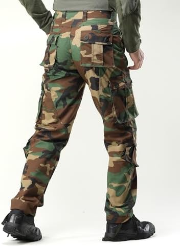 Men's Camo Cargo Work Pants Ripstop Lightweight Wild Army Military BDU Outdoor Trousers with 8 Pocktets (No Belt)