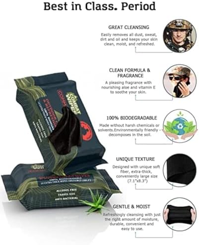 COMBAT WIPES Commando Black, Unscented Camouflage Wet Wipes | Thick, Ultralight, Biodegradable, Heavy Duty Cleansing Cloths for Camping, Military, Hunting & Backpacking (2 Pack)