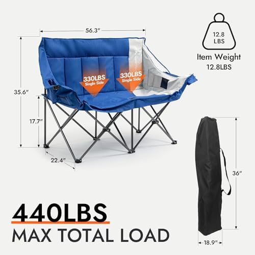 Dowinx Double Camping Chair Loveseat, Portable Folding Outdoor Lawn Chair with Padded Seats, Armrests, Side Pockets, 440lbs Capacity for Beach, Patio, Picnic - Blue PRO