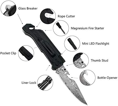 ALBATROSS 6-in-1 Modern Damascus Steel Folding Pocket Knives with LED Light,Seatbelt Cutter,Glass Breaker,Magnesium Fire Starter,Bottle Opener;Multi-Function Emergency Tool(Black-DA)