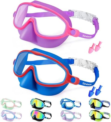 Vvinca Swim Goggles with Nose Cover, 2 Pack Wide View Diving Mask Anti-Fog UV No Leak Toddlers Swimming Goggles for Kids 3-15