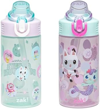 Zak Designs DreamWorks Gabby's Dollhouse Sage Kids Water Bottle For School or Travel, 16oz Durable Plastic Water Bottle With Straw and Leak-Proof, Pop-Up Spout Cover, 2-Pack Set (The Gabby Cats)