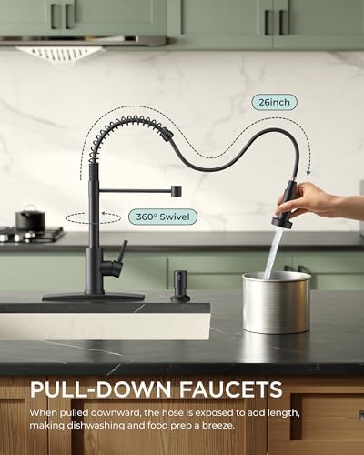FORIOUS Black Kitchen Faucet with Soap Dispenser, Single Handle Stainless Steel Spring Sink Faucet with Pull Down Sprayer Transitional for Farmhouse Camper Laundry Camper