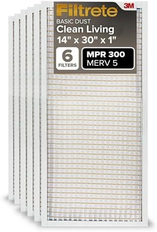 Filtrete 14x30x1 Air Filter, MPR 300, MERV 5, Clean Living Basic Dust 3-Month Pleated 1-Inch Air Filters, 6 Filters (Pack of 1)