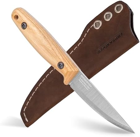 BPS Knives Finn Lite - Puukko Knife - Fixed-Blade Carbon Steel Knife with Leather Sheath - Small Full Tang Camping Knives - Scandinavian Camp Utility Knives