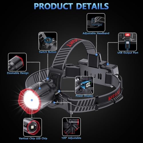 TDT 2000 LUMENS LED Rechargeable Head Lamps, Zoomable Headlamp with 6 Modes & IPX7 Waterproof, 120° Adjustable Head Lights for Forehead for Outdoor, Camping, Hard Hat, Running, Hunting