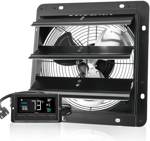 VEVOR Shutter Exhaust Fan, 10'' Wall Mount Attic Fan with Temperature Humidity Controller, 820 CFM, 10-Speed Adjustable, Ventilation and Cooling for Greenhouses, Garages, Chicken Coops, ETL Listed
