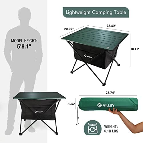 VILLEY Portable Camping Side Table, Ultralight Aluminum Folding Beach Table with Carry Bag for Outdoor Cooking, Picnic, Camp, Boat, Travel