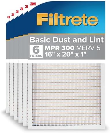 Filtrete 16x20x1 AC Furnace Air Filter, MERV 5, MPR 300, Capture Unwanted Particles, 3-Month Pleated 1-Inch Electrostatic Air Cleaning Filter, 6-Pack (Actual Size15.69x19.69x0.81 in)