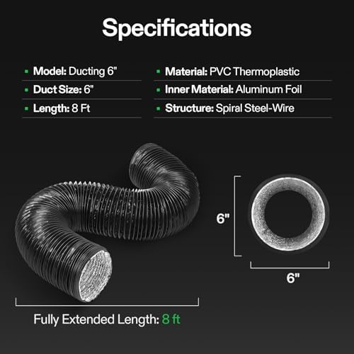 VIVOSUN Dryer Vent Hose, 6 inch Aluminum Foil Ducting, 8FT Long Heavy-Duty Dryer Hose Vent Kit for HVAC Ventilation, Exhaust, Duct Fan Systems, Black Flexible Air Duct w/ 2 Clamps