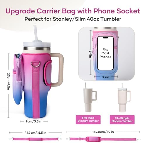 linmaya Water Bottle Carrier Bag with Phone Pocket for Stanley Cup 40/30oz,Insulated Neoprene Water Bottle Holder Cross-boday Bag with Adjustable Shoulder & Handheld Strap Stanley Cup Accessories