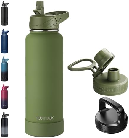 40oz Insulated Water Bottle with Straw, Stainless Steel Metal Vacuum Water Flask, Large Thermos Water bottle with Leakproof 3 Lids for Travel, Camping, Gym Sports Armygreen